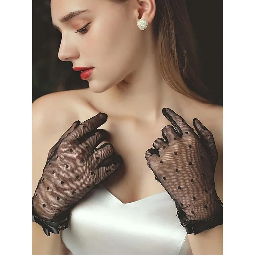 Women's #2 Black Short Floral Evening Sheer Gloves Bridal Wedding Party Tea